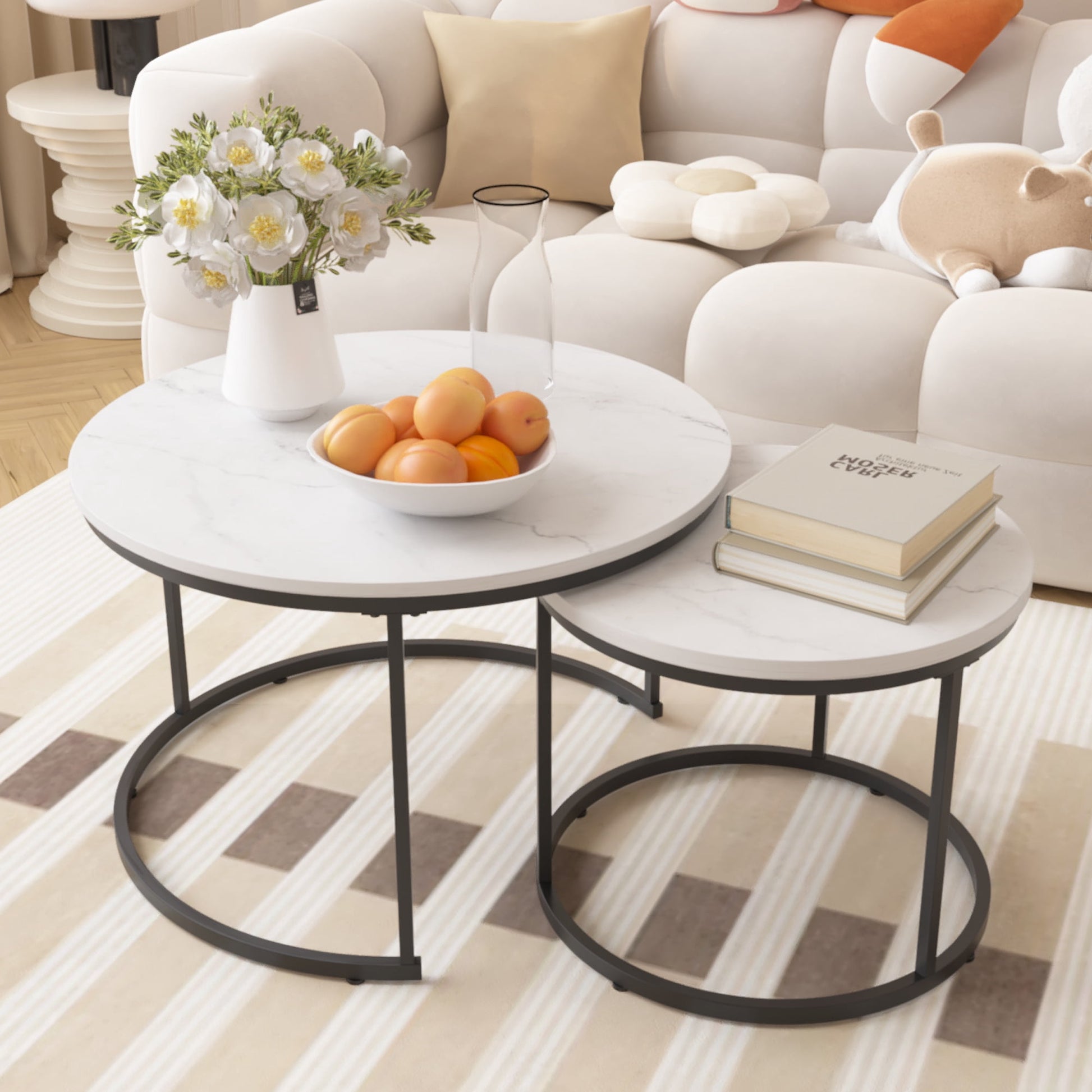 PORKISS Round Coffee Table Set of 2, 27.56" Nesting Center Tables for Living Room, 2-Piece Side Tables with Metal Frame for Living Room Home Office, White