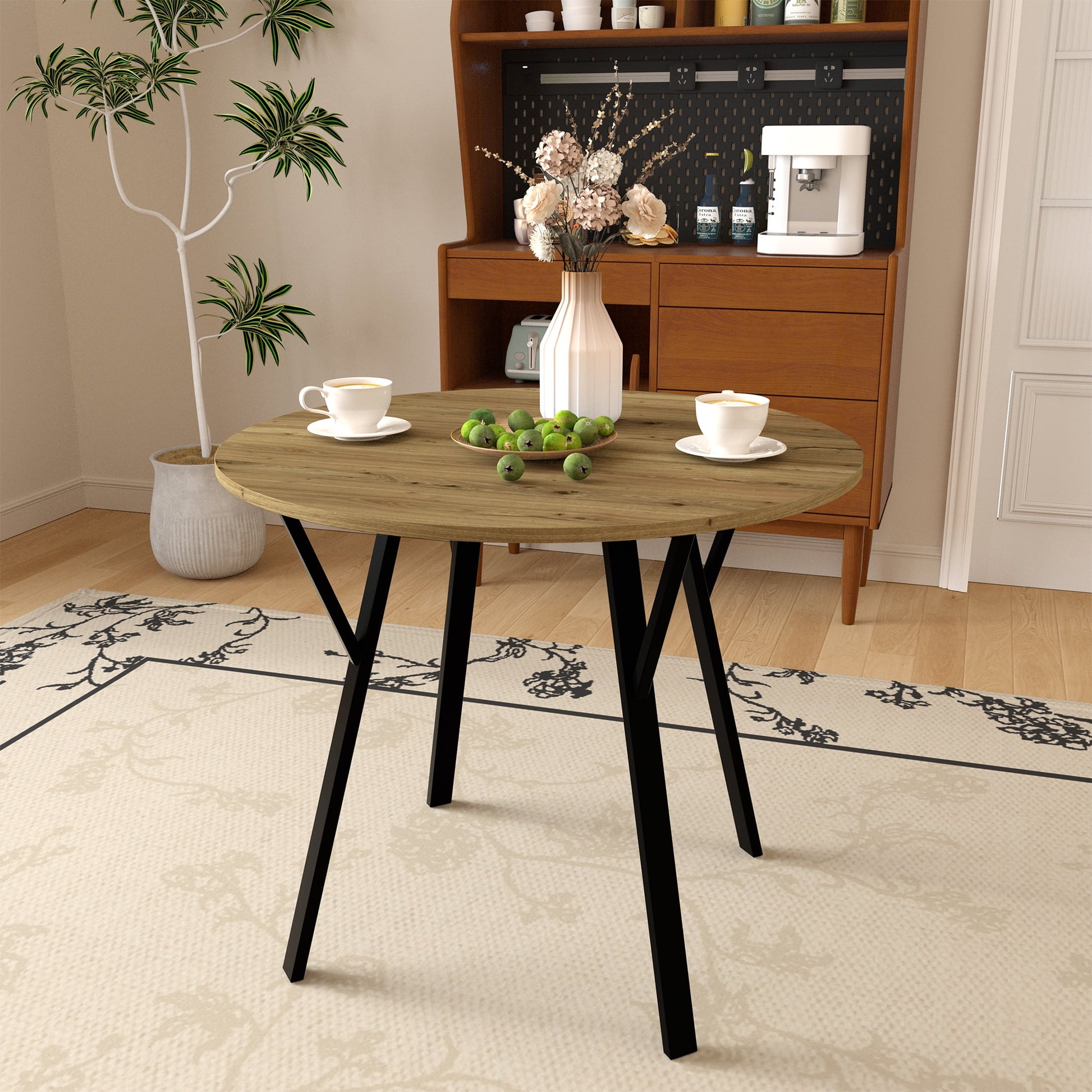 PORKISS Round Dining Table for 4, Small Circle Kitchen Table with Metal Black Legs for Kitchen Living Room (Only Table), 35.43" Table, Rustic Brown