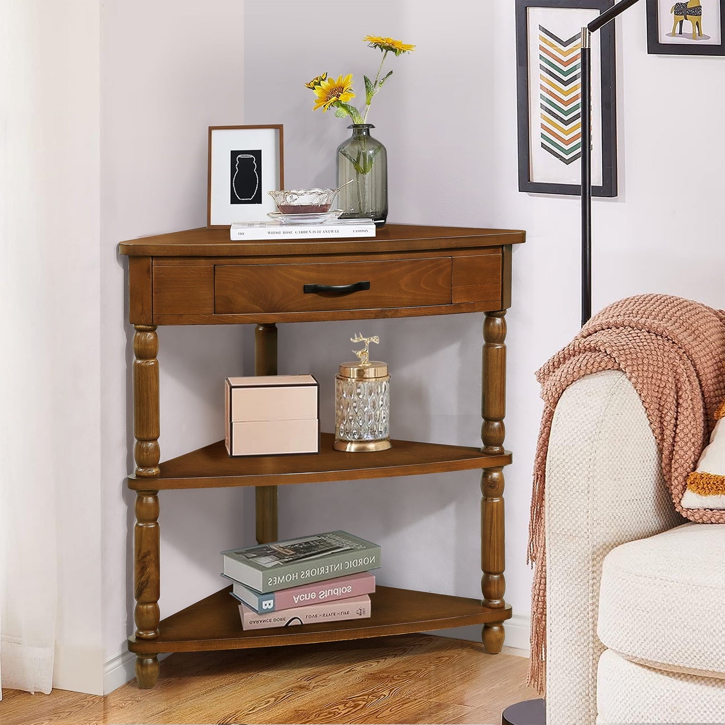PORKISS Small Triangle Corner Table, End Table Side Table with 1 Drawer Solid Wood Legs, Console Table for Small Spaces/ Living Room, White #1
