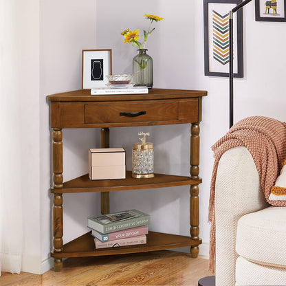 PORKISS Small Triangle Corner Table, End Table Side Table with 1 Drawer Solid Wood Legs, Console Table for Small Spaces/ Living Room, White #1