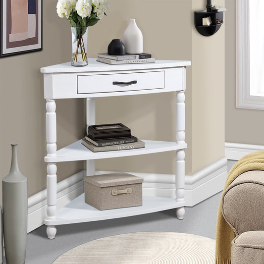 PORKISS Small Triangle Corner Table, End Table Side Table with 1 Drawer Solid Wood Legs, Console Table for Small Spaces/ Living Room, White #1