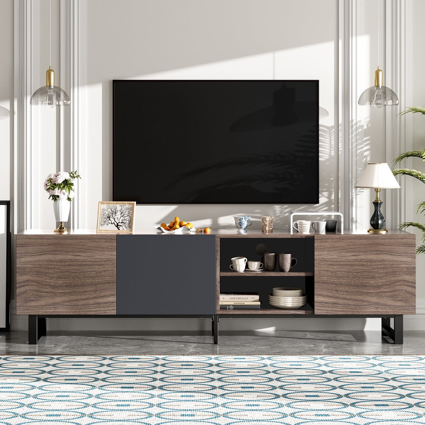PORKISS TV Stand for TVs up to 80 Inch, Modern Entertainment Center with 3 Doors and Open Shelves, Wooden TV Console for Living Room, Dark Brown