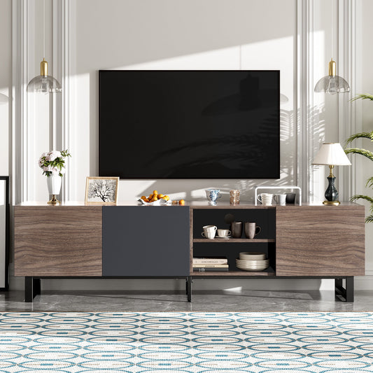 PORKISS TV Stand for TVs up to 80 Inch, Modern Entertainment Center with 3 Doors and Open Shelves, Wooden TV Console for Living Room, Dark Brown