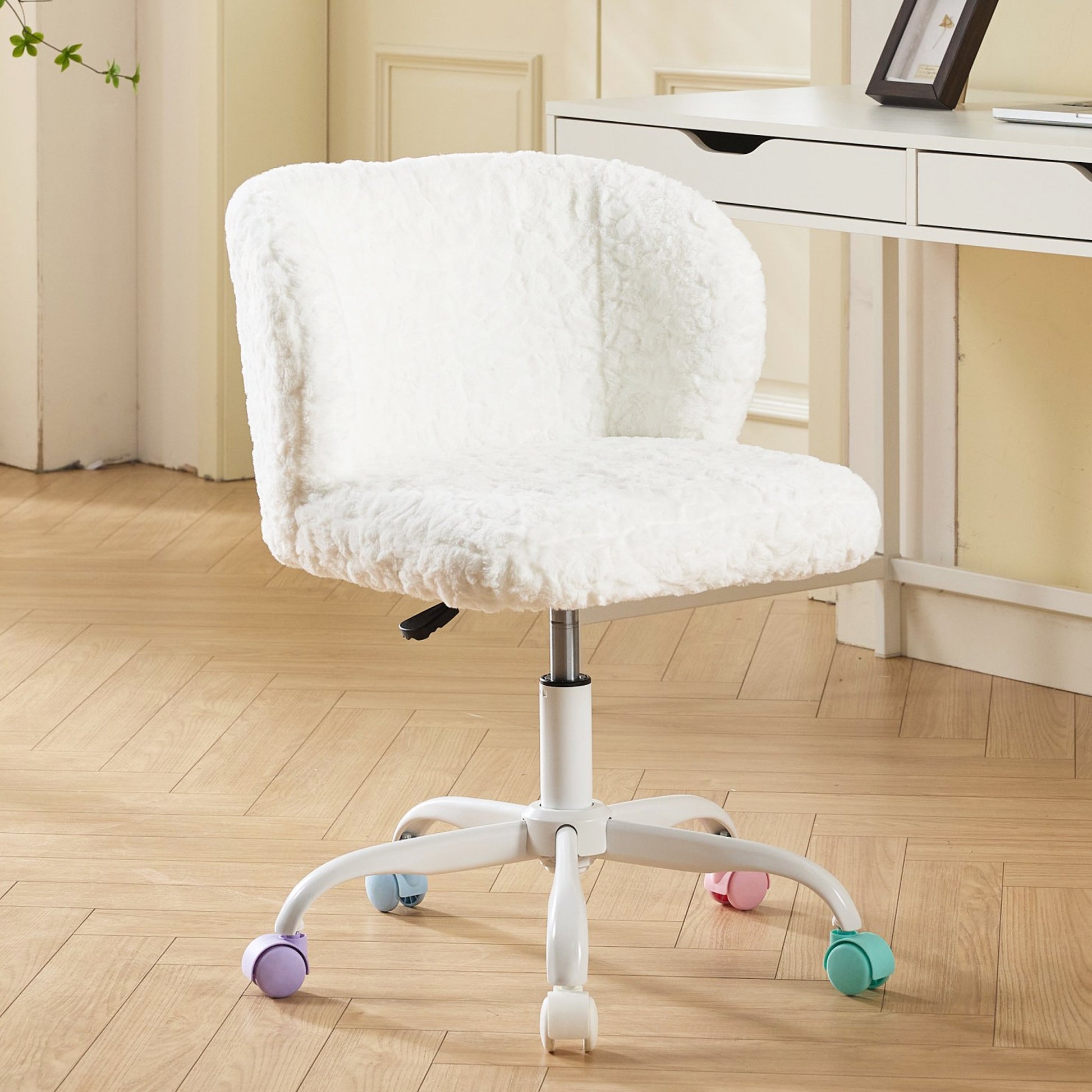 PORKISS Vanity Chair with Back, Home Office Chair, Ergonomic Home Desk Chair with Artificial Alpaca Wool Fabric, Adjustable Swivel Task Computer Chair with Wheels, Ivory #2