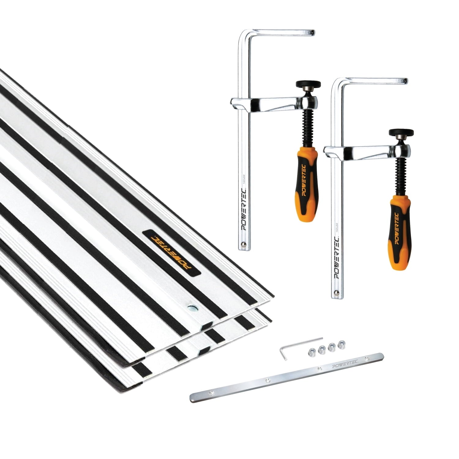 POWERTEC 110" Track Saw Guide Kit for DeWalt, Includes 2PK 55" Guide Rails, 1PK Guide Rail Connector, and 2PK 7" Track Saw Clamps (72059)