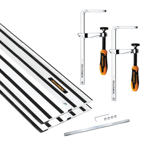 POWERTEC 110" Track Saw Guide Kit for DeWalt, Includes 2PK 55" Guide Rails, 1PK Guide Rail Connector, and 2PK 7" Track Saw Clamps (72059)