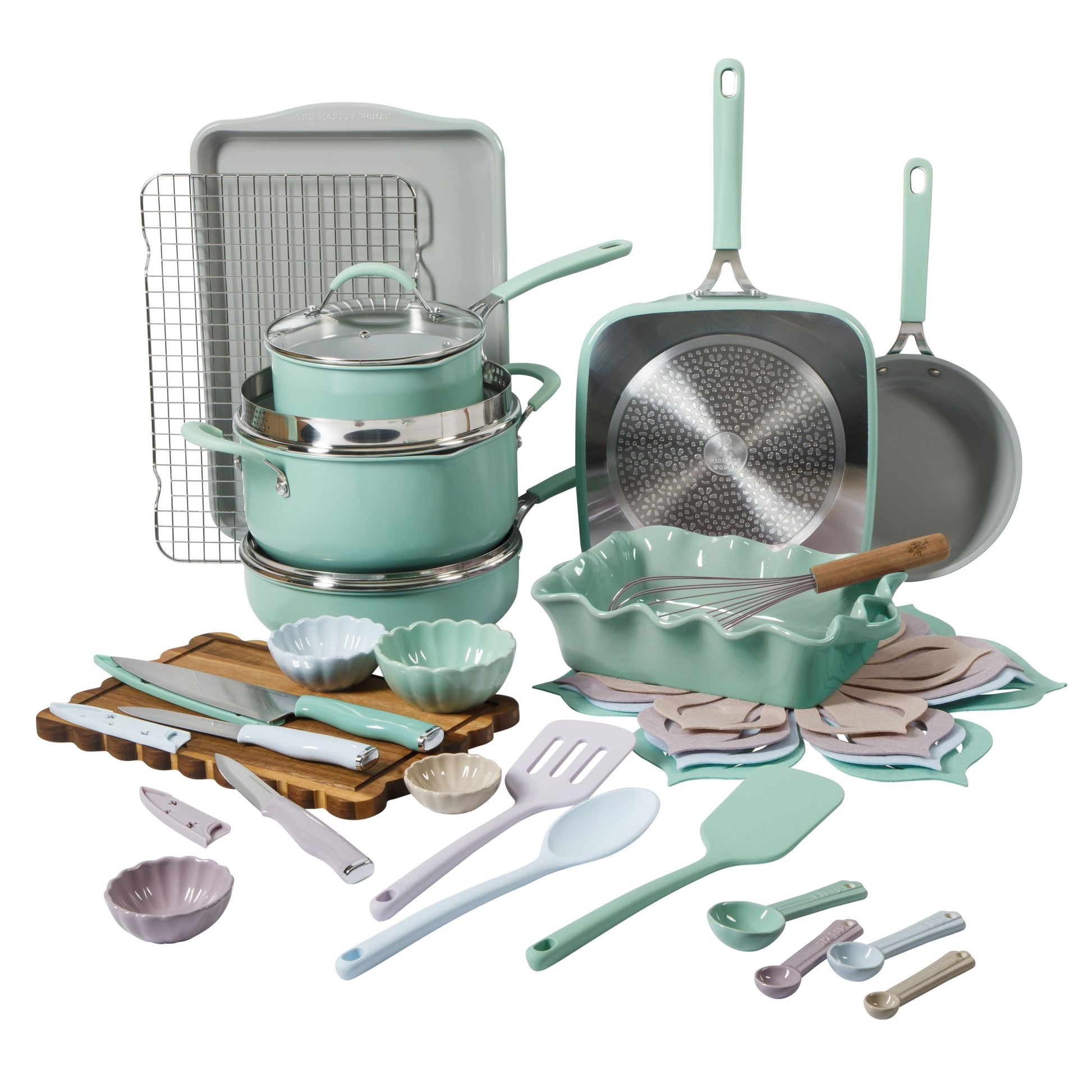 The Pioneer Woman Juego de Utensilios de Cocina y ReposterÃ­a de CerÃ¡mica Antiadherente, Sutton de 34 Piezas, Verde