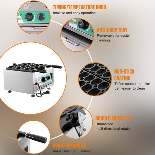 PWTOOL Stainless Steel Waffle Maker, 1800W Egg Bubble Skewer with Thickened Heating Tubes & Retractable Spring Bellows for High-Volume Bakeries