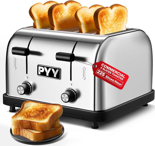 PYY Toaster Commercial 4 Slices- 225 Slices/Hour 1800W Pop Up Wide Slots 1.57 inch Stainless Steel 6-Level Setting