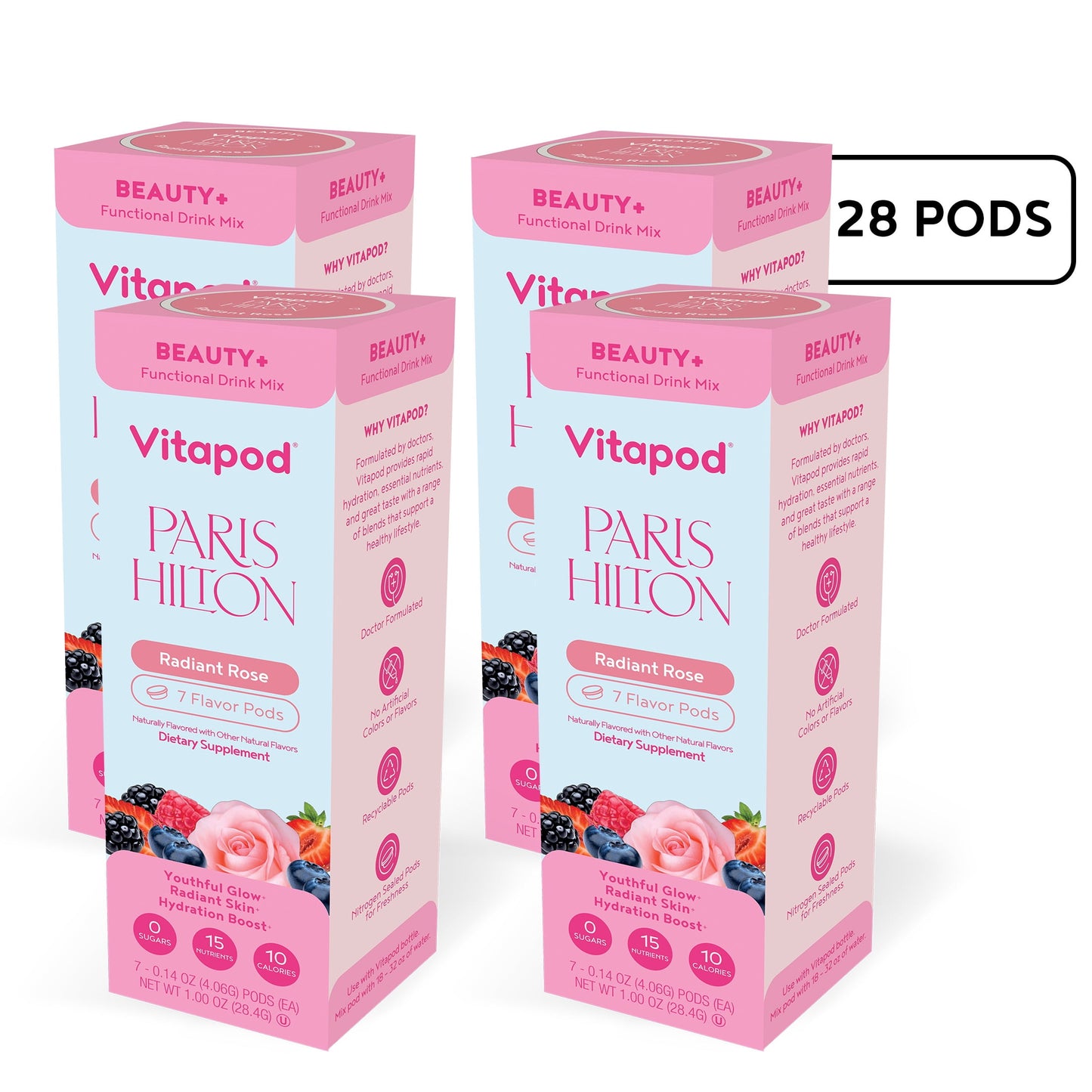 Paris Hilton x Vitapod Beauty+ Radiant Rose Functional Drink Mix, 28 Pods, Sugar-Free, 10 Calories, Collagen, Biotin, Zinc, Vitamins for Youthful, Glowing Skin