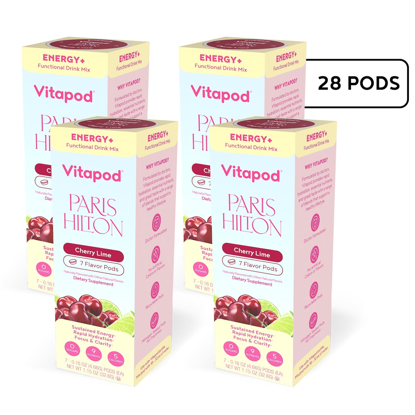 Paris Hilton x Vitapod Energy+ Cherry Lime Functional Drink Mix, 28 Pods, Sugar-Free, 5 Calories, 200mg Natural Caffeine, Boosts Energy, Metabolism & Mood