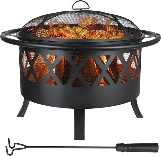 HOMSHADE Fire Pit with Spark Cover and Fire Poker,Large 36 Inch Wood Burning Fire Pit with Mesh Lid and Fire Picker,Outdoor Firepit for Backyard Bonfire Patio Outside Picnic BBQ