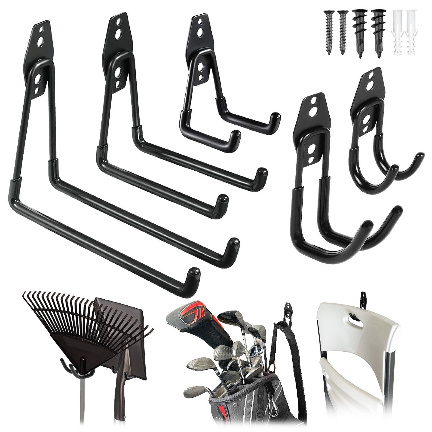 PeerBasics, 5 Pack Hook Set, Black, Metal, PVC Coated, Average 50 lb Capacity, Hardware Included