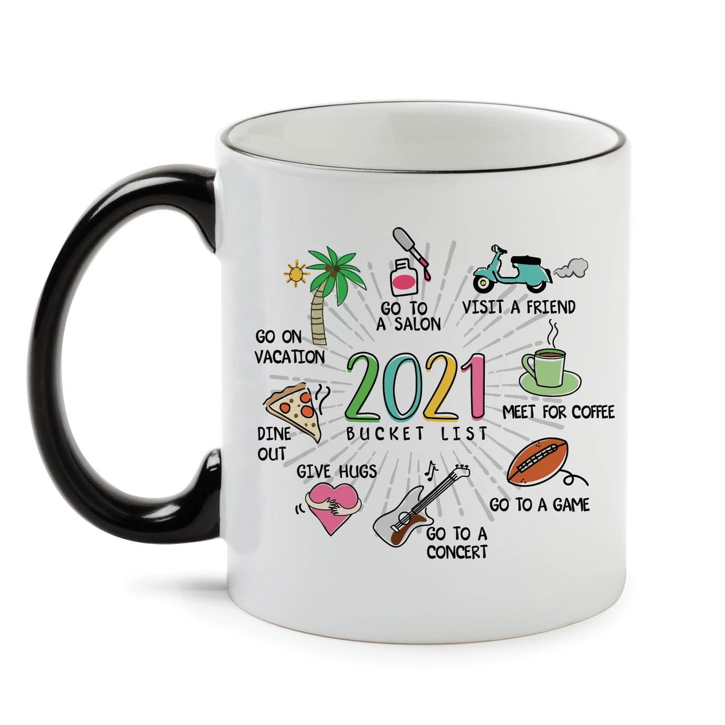 Personalized Planet 11oz 2021 Bucket List Coffee Mug with COVID Humor on White Ceramic Cup and Black Handle