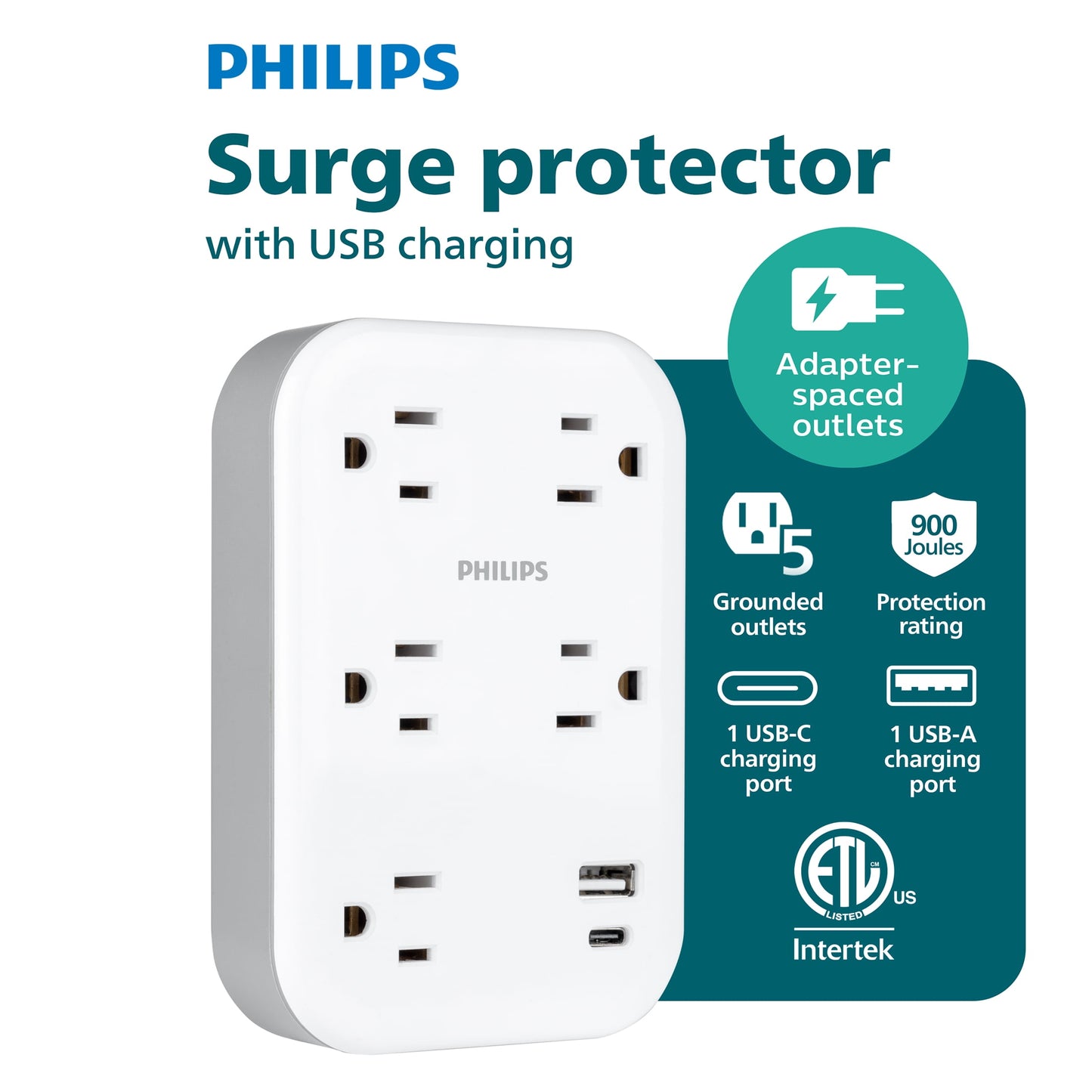 Philips Tomacorriente MÃºltiple de 5 Salidas con ProtecciÃ³n contra Sobretensiones, con Espacio para Adaptadores, 1 USB-A, 1 USB-C, 17W, 900J, Blanco
