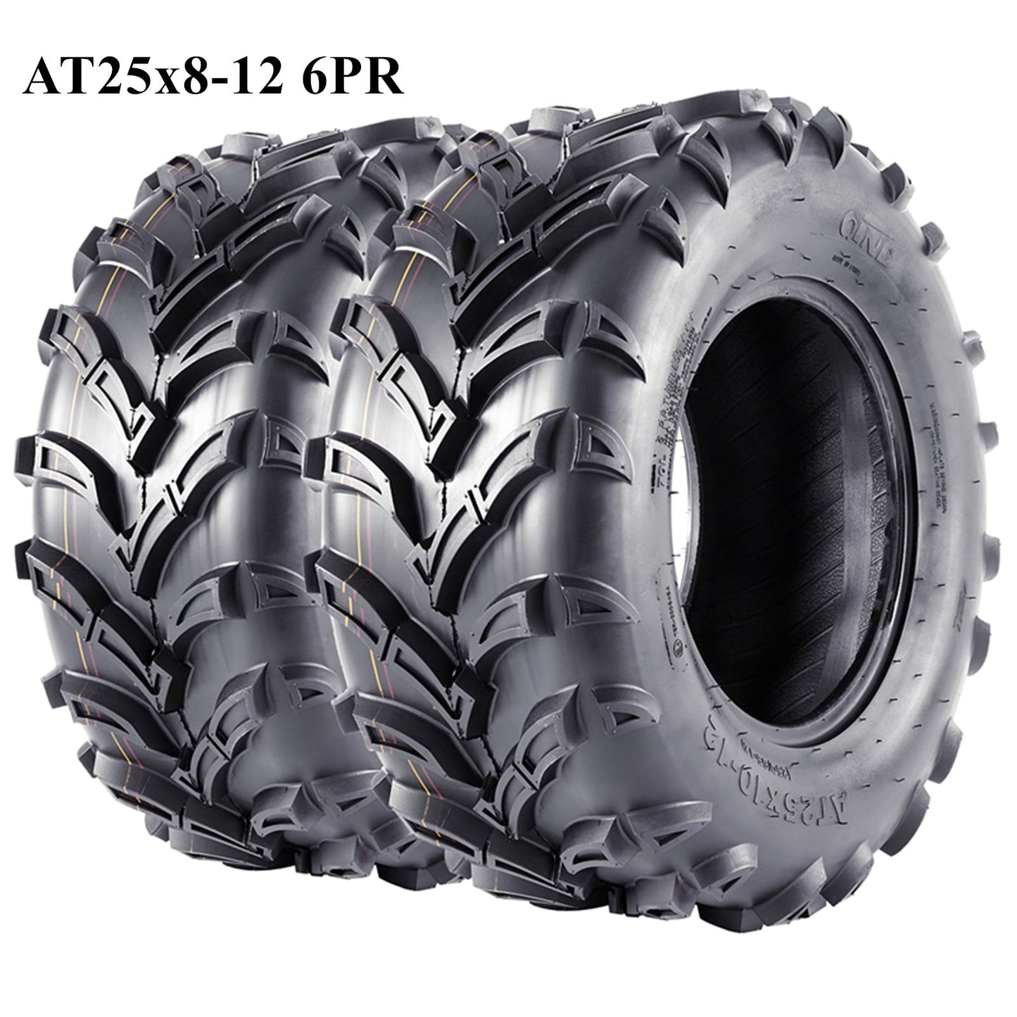 Pinypikaka 25x8-12 ATV/UTV Tires 6PR All Terrain 15mm Tread Depth 25x8x12 Trail Sand Mud Stream Off-Road Tires, Tubeless Set of 2, Black