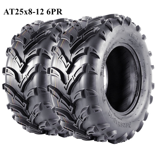 Pinypikaka 25x8-12 ATV/UTV Tires 6PR All Terrain 15mm Tread Depth 25x8x12 Trail Sand Mud Stream Off-Road Tires, Tubeless Set of 2, Black