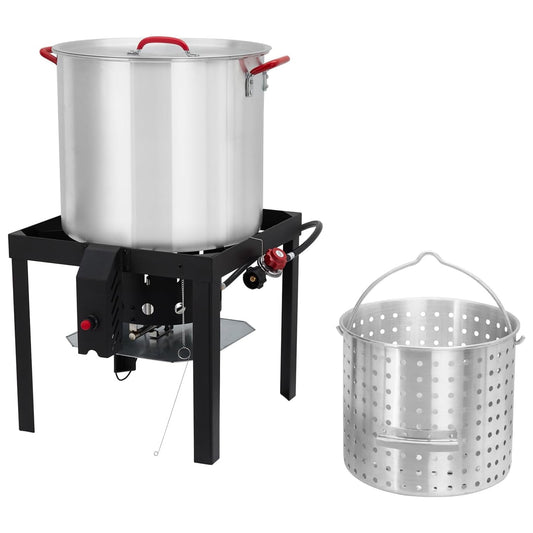 Pinypikaka 80QT Seafood Boil Pot, Aluminum Crawfish Boiler with Steam/Boil Basket & Strainer, 110000BTU Propane Jet Burner w/Support Rack & Lifting Hook, 0-10 PSI Regulator, Outdoor Cooking Boiler