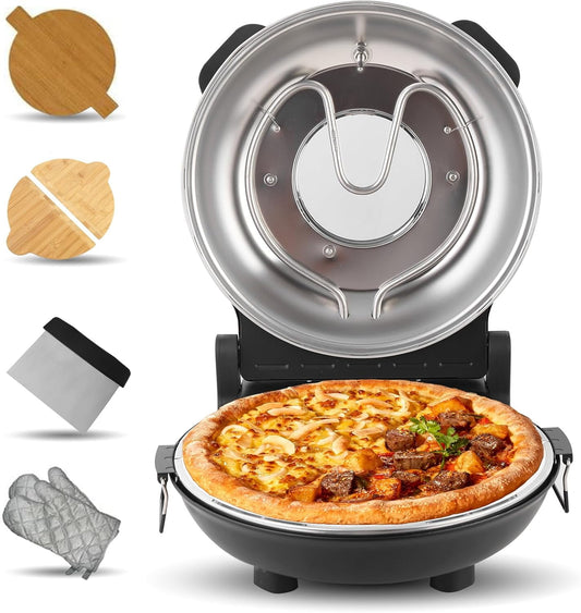 Pizza Maker Electric, 4-Min-Pizza in 1200W Pizza Oven, 31cm Refractory Stone Plate, Max 420? Pizza Maker with 5 Cooking Levels, inkl. Pizza Peels & Scraper & Recipe, Black (black)