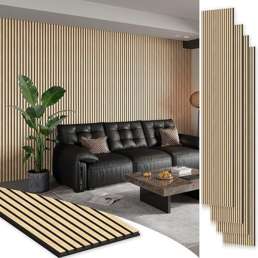 Plank & Hue 4Pcs 106"x12.6" Soundproof Wood Slat Panels Acoustic Wall and Ceiling Panels, White Oak
