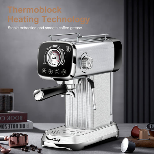 Plum Chef High-Pressure Coffee Maker, Stainless Steel, High-Pressure Espresso Machine, 27.05oz Water Tank, Steam Control, Frothy Drinks, Ideal for Home Baristas, Perfect for Specialty Coffee