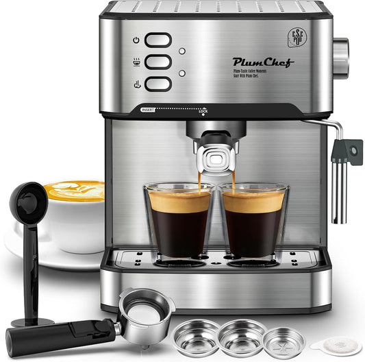 PlumChef Espresso Machine 20 Bar Professional Compact Homehold Coffee Espresso Maker,Low Noise and Fast Coffee Machine for Latte Cappuccino, with Milk Frother Steam Wand 54oz Water Tank