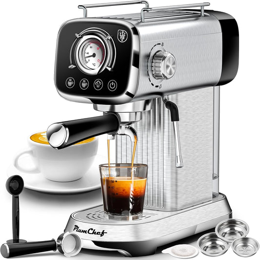 PlumChef Espresso Machine 20 Bar Professional Compact Household Coffee Espresso Maker with Milk Frother Steam Wand Temperature Gauge 34oz Water Tank Low Noise Coffee Machine for Cappuccino Latte