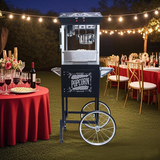 Popcorn Machine with Cart, Vintage Style Movie Popcorn Cart with Wheels & 8 Oz Kettle - Pop 32 Cups Per Batch, Portable Standing Popcorn Maker for Parties, Commercial, Events, Home Theater - Black