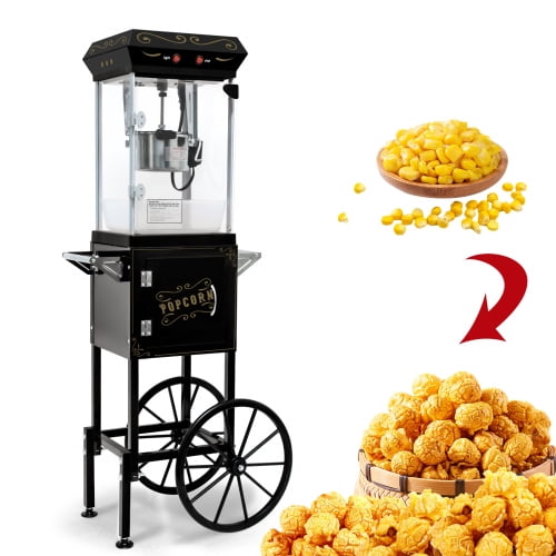 Popcorn Machine with Cart, with Wheels & 6 Oz Pot Popcorn Maker Stainless Steel Oil Spoon, Mobile Cart with Lockers for Commercial Home Movie Theater Vintage Style
