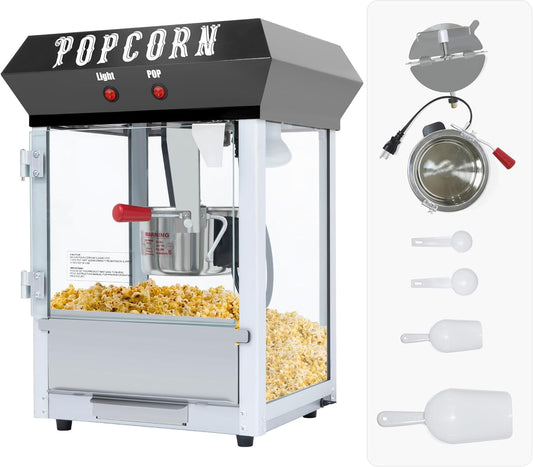 Popcorn Maker Machine 8 Oz Kettle Black - Countertop, Dual switch, Automatic Stirring, 32 Cups Output, Movie/Home Theater Party Commercial Use