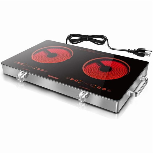 Portable Electric Induction Stovetop for Kitchen Home with Handle, 2000W Double Burner, Knobs & Touch Control, 9 Level Adjustable Temperature, Child Safety Lock