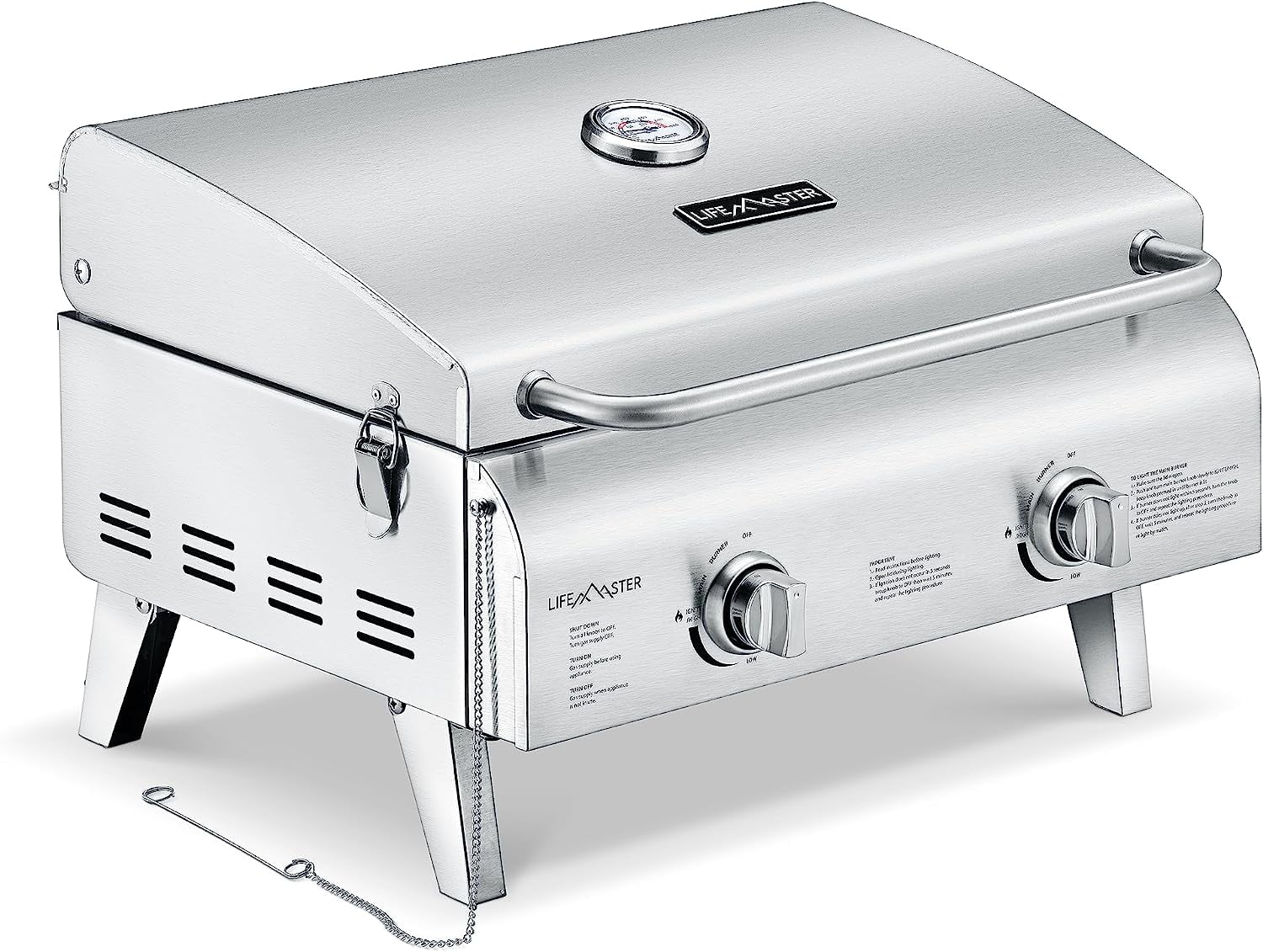 Portable Stainless Steel Gas Grill - 2 Burners Easy Clean Tabletop BBQ Propane Gas Grill with Foldable Legs and Wind Proof Lid for Camping and Outdoor - Silver
