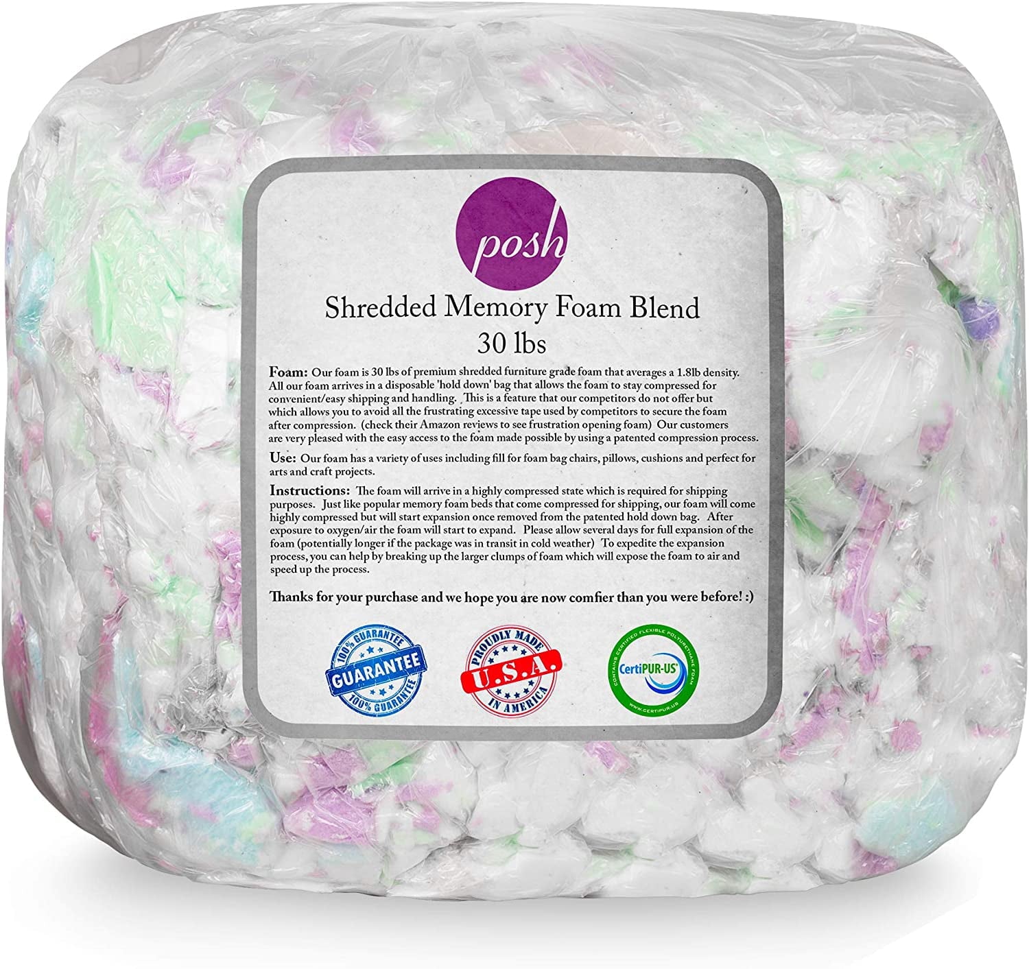 Posh Creations Refill Foam Filling, Bean Bag Refill, Kids, Adults, 20 lbs, Multi-Color