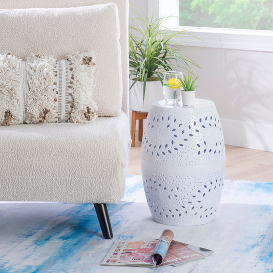 Powell Shanice Round Lace Cut Metal Indoor Accent Side Table, 19" Tall, White