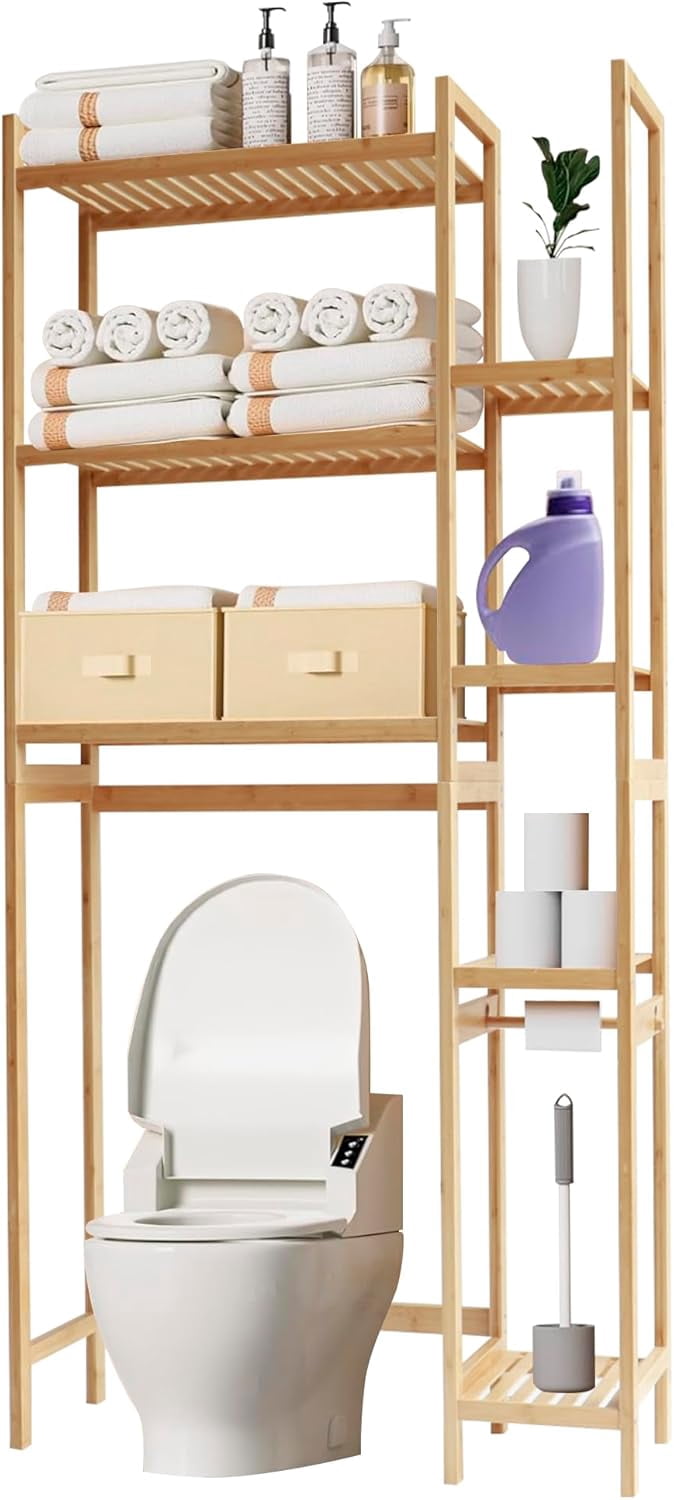 Proman Products Santa Fe Over The Top Bamboo Toilet Storage Customizable Shelf Rack with Toilet Paper Holder.