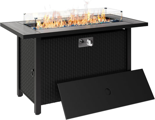 Propane Fire Pit, 45 Inch Gas Fire Pit Table with Lid, Glass Wind Guard, Waterproof Cover, Rectangle Gas Firepit Table, 50000 BTU for Garden, Patio, Deck, Yard