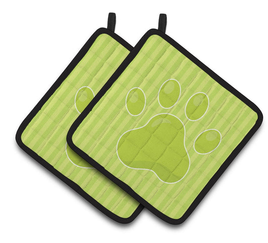 Puppy Pawprint Green Stripes Pair of Pot Holders