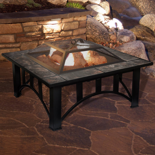 Pure Garden 33-Inch Outdoor Fire Pit with Screen, Cover, and Poker (Black)