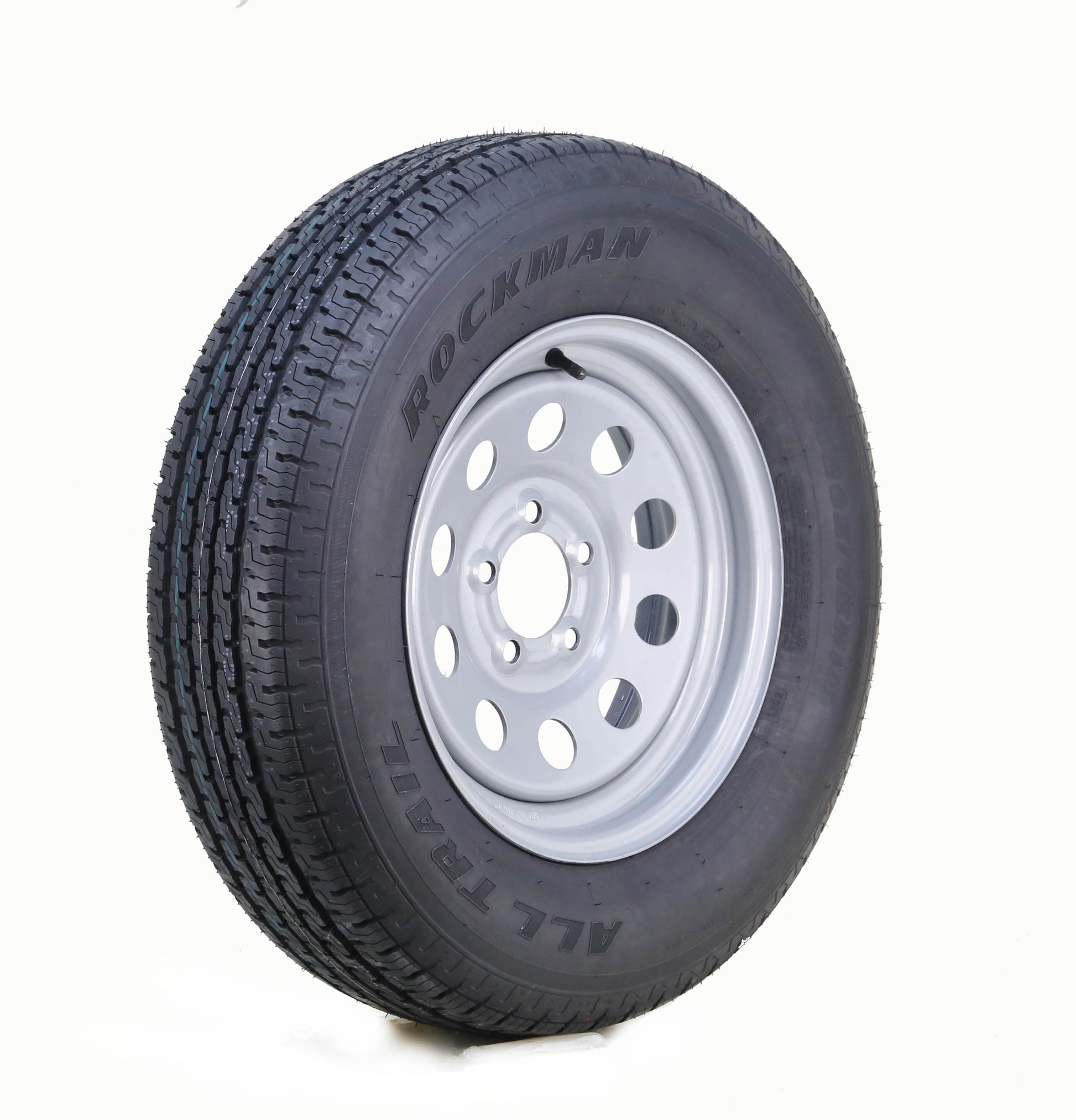 ROCKMAN Trailer Tire Wheel Assembly ST205/75R15 8-Ply D 107M 5 Lug on 5" PCD Silver Mod Rim