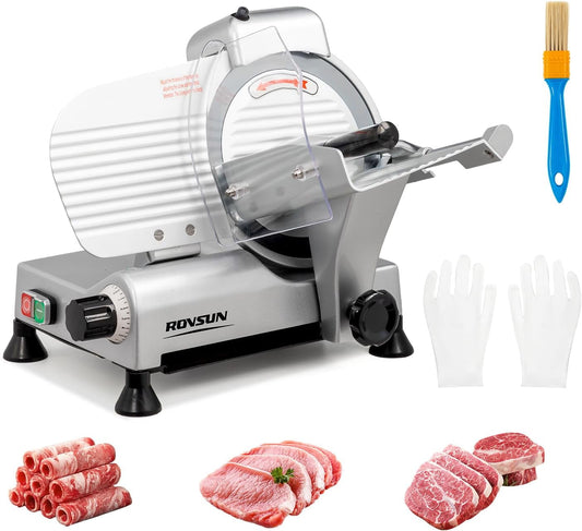 ROVSUN 10 inch Commercial Meat Slicer, 270W Electric Meat Slicer Machine, Frozen Meat Deli Cheese Food Slicer with Adjustable Thickness(0-13mm), Upgraded Carbon Steel Blade for Home and Commercial