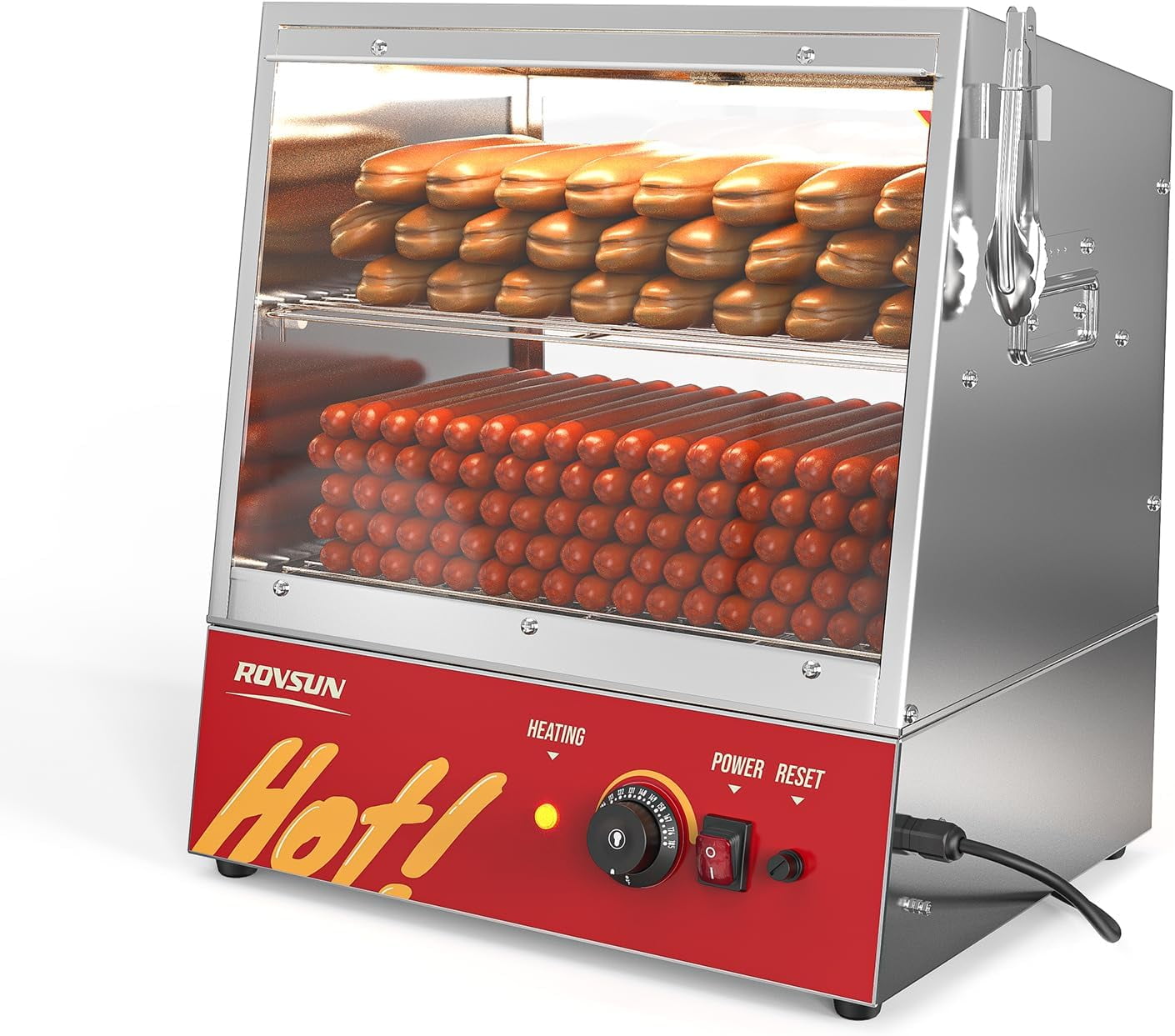 ROVSUN 32QT/30L Hot Dog Steamer, 2-Tier Hut Steamer Hot Dog Steamer with Bun Warmer Cooker 175 Hot Dogs & 40 Buns Capacity with Removable Shelves Food Clip for Party Event Concession Stand