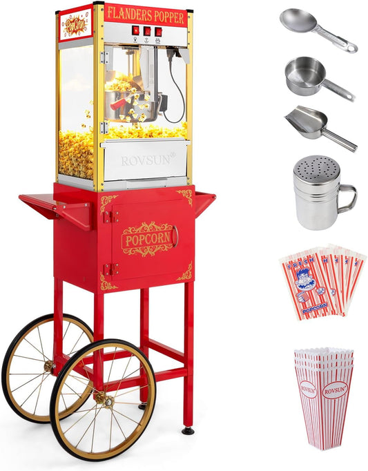 ROVSUN Popcorn Machine Movie Theater Style with Cart & Wheels, 10 Ounce Kettle Makes Up to 4 Gallons Popcorn Maker with Popcorn Scoop, Oil Spoon, Popcorn Cups & Bags for Commercial Home, 850W