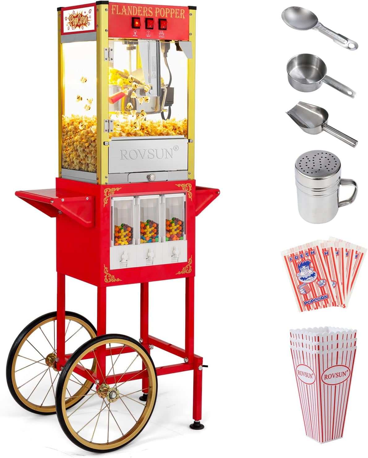 ROVSUN Popcorn Machine Movie Theater Style with Cart & Wheels, 8 Ounce Kettle Makes Up to 32 Cups Popcorn Maker with Candy Dispensers Scoop Oil Spoon & 3 Popcorn Cups for Commercial Home, 850W
