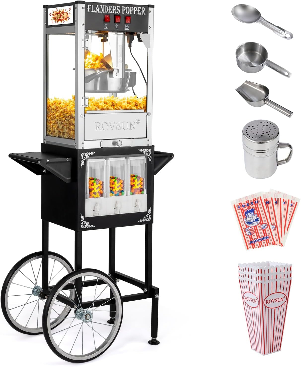 ROVSUN Popcorn Machine Movie Theater Style with Cart & Wheels, 8 Ounce Kettle Makes Up to 32 Cups Popcorn Maker with Candy Dispensers Scoop Oil Spoon & 3 Popcorn Cups for Commercial Home, 850W