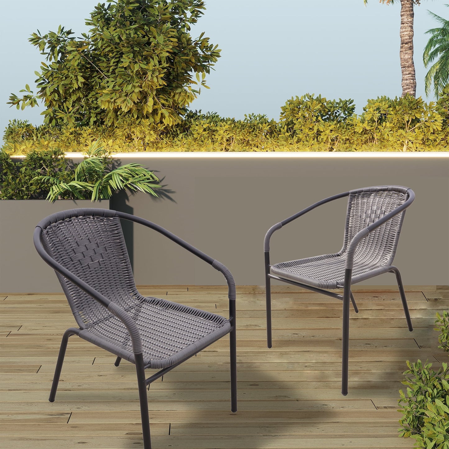 RTC Group Furniture Stackable Rattan Dining Chair, Set of 2 for Indoor/Outdoor Patio Restaurant, Porch, Backyard Gray