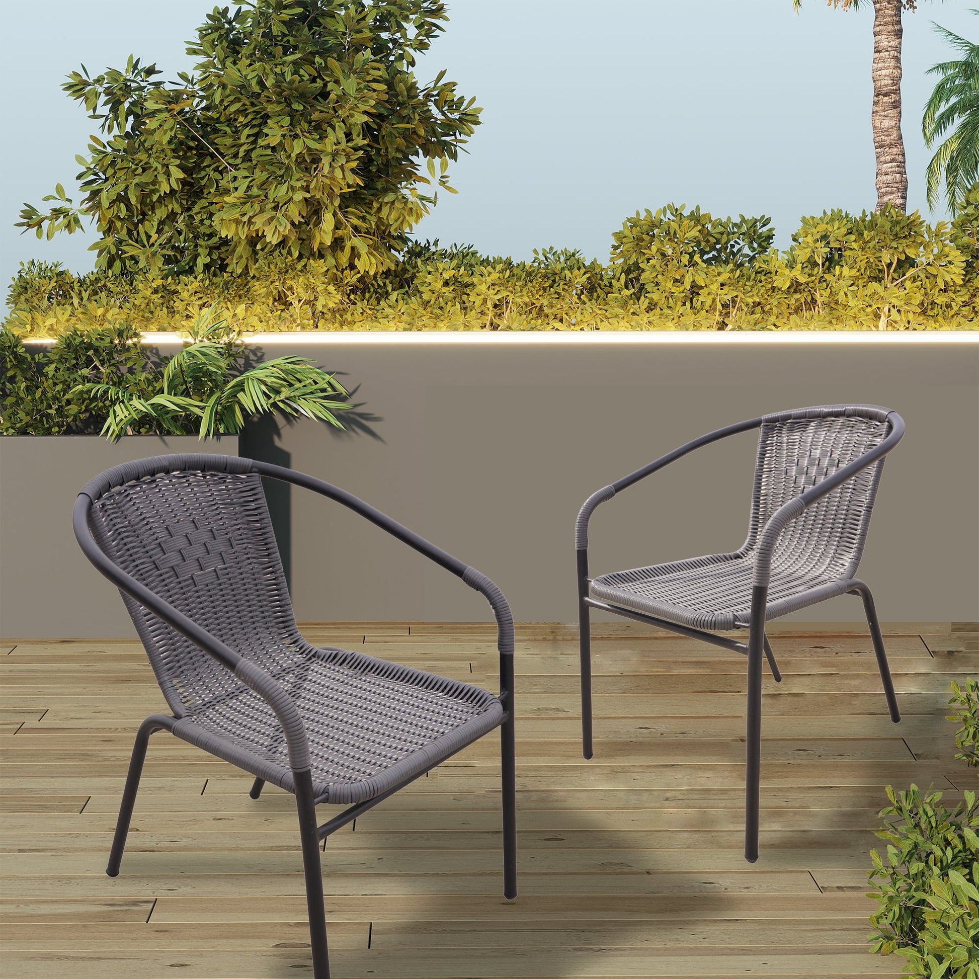 RTC Group Furniture Stackable Rattan Dining Chair, Set of 2 for Indoor/Outdoor Patio Restaurant, Porch, Backyard Gray