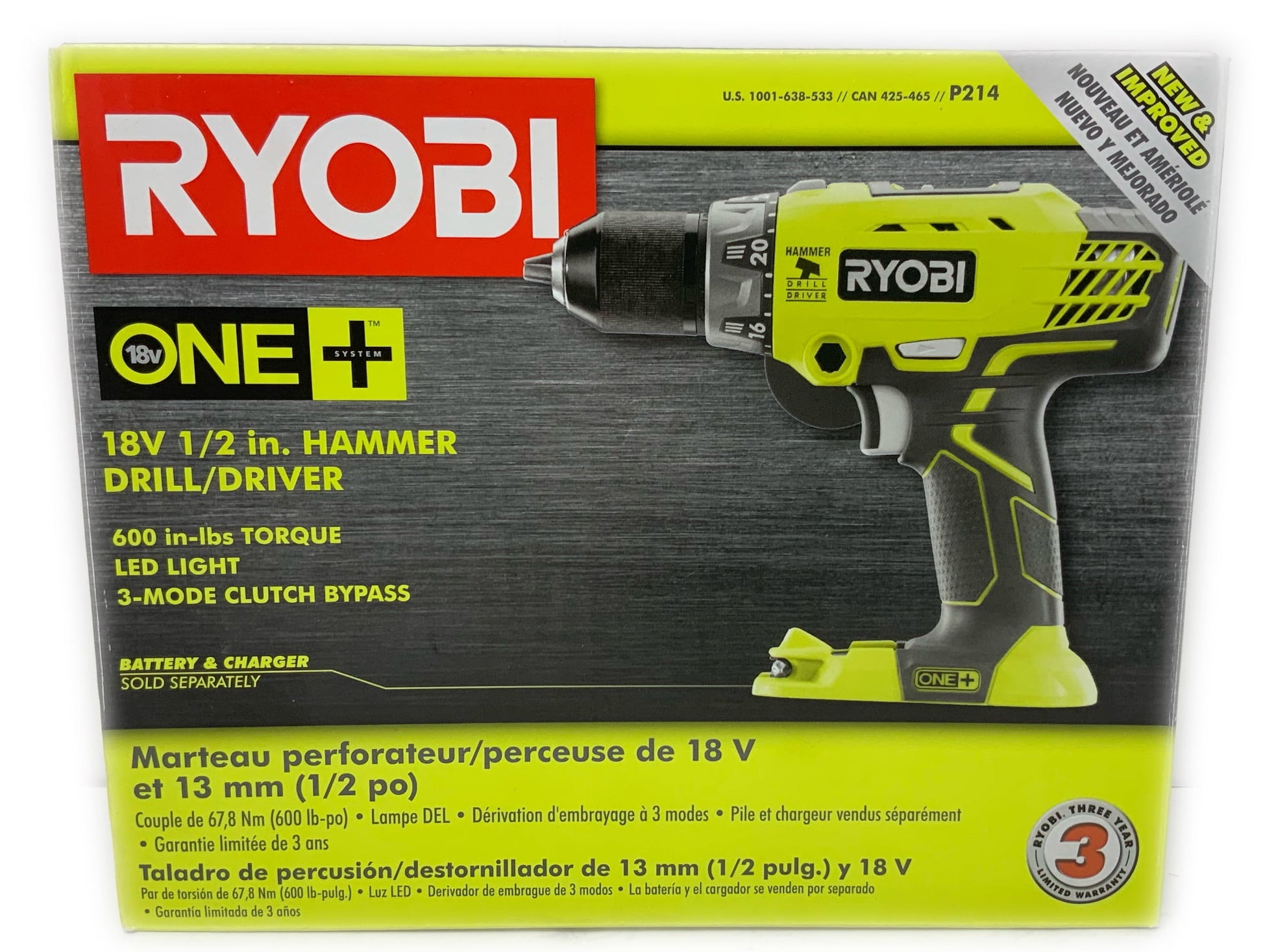 Ryobi P214 One+ 18 Volt Lithium Ion 1/2 Inch 600 Pound Torque Hammer Drill New!