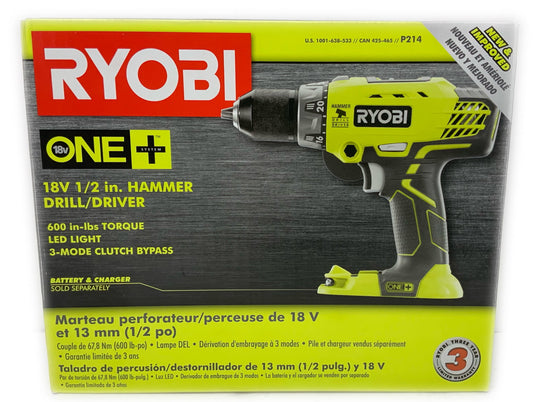 Ryobi P214 One+ 18 Volt Lithium Ion 1/2 Inch 600 Pound Torque Hammer Drill New!