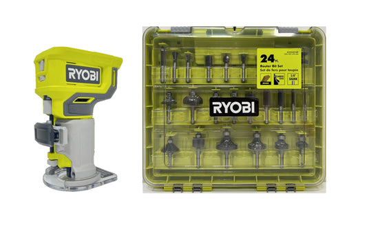 RYOBI ONE+ 18V Cordless Fixed Base Trim Router with 24-Piece Router Bit Set A252401 (Bulk Packaged)