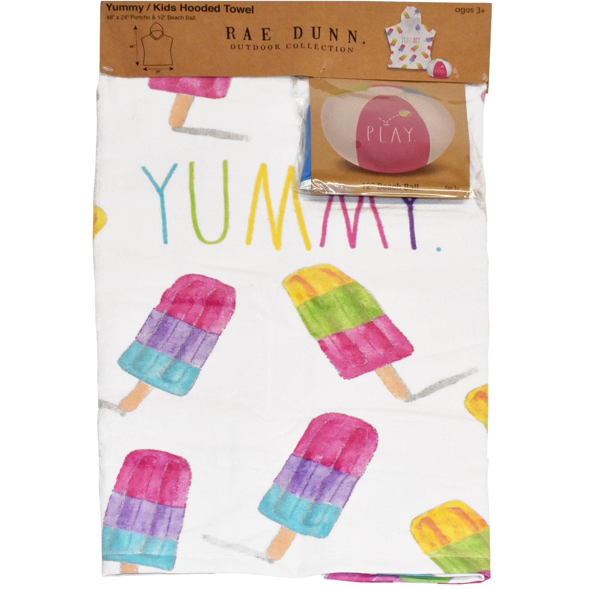 Rae Dunn: Yummy Kids Hooded Towel & 12" Beach Ball - Popsicle 48"x 24" Poncho, Cotton Terry Beach Cover Up, Toddler 3+